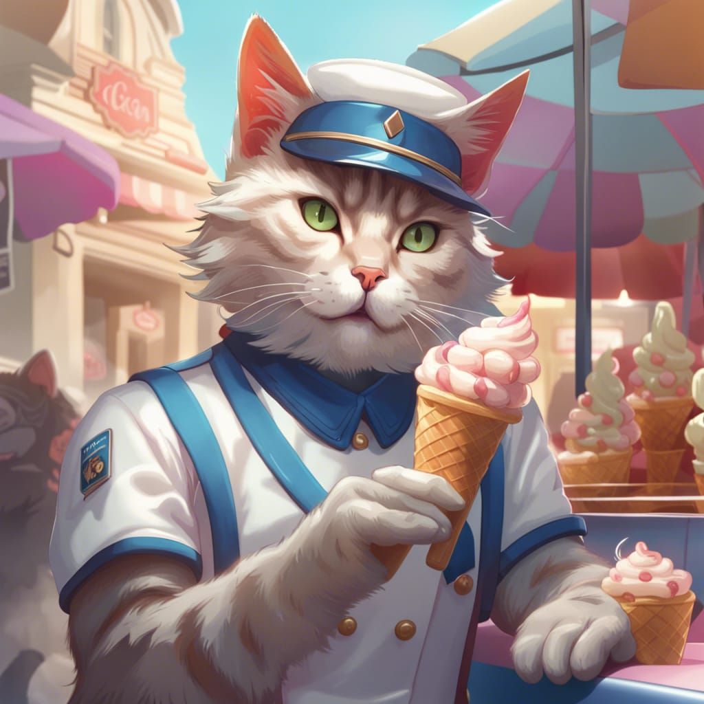 Cat Ice Cream Server Portrait in Hyperdetailed Style