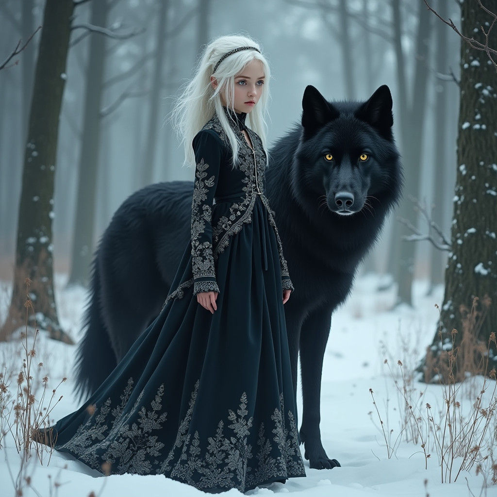 Nordic Girl and Black Wolf in Snowy Forest