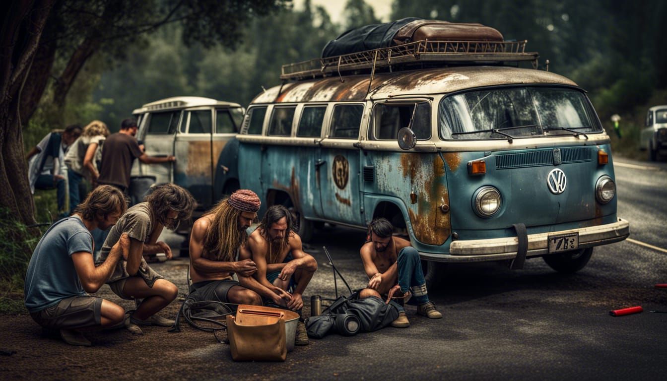 Hippies Repairing VW Bus: Hyperrealistic Roadside Scene