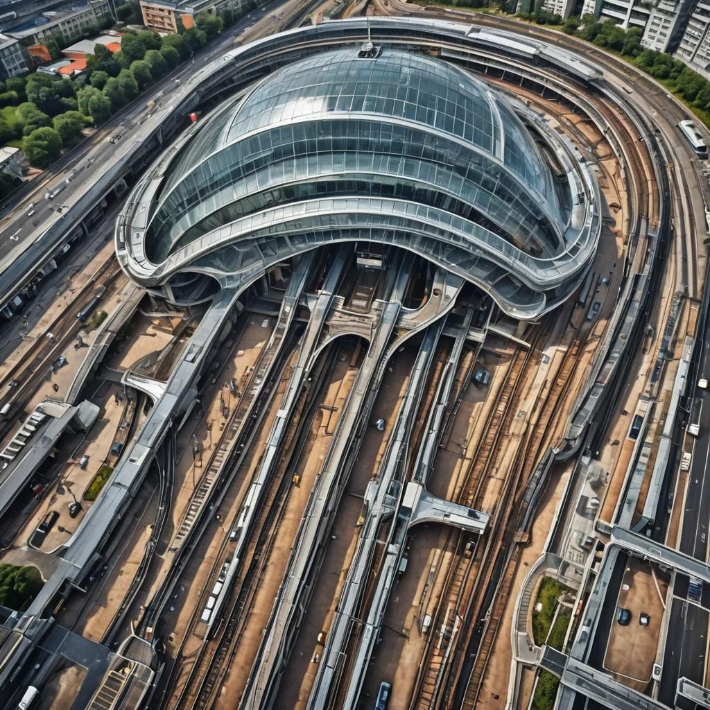 Hyperrealistic Bird's Eye View of Modern Railway Station