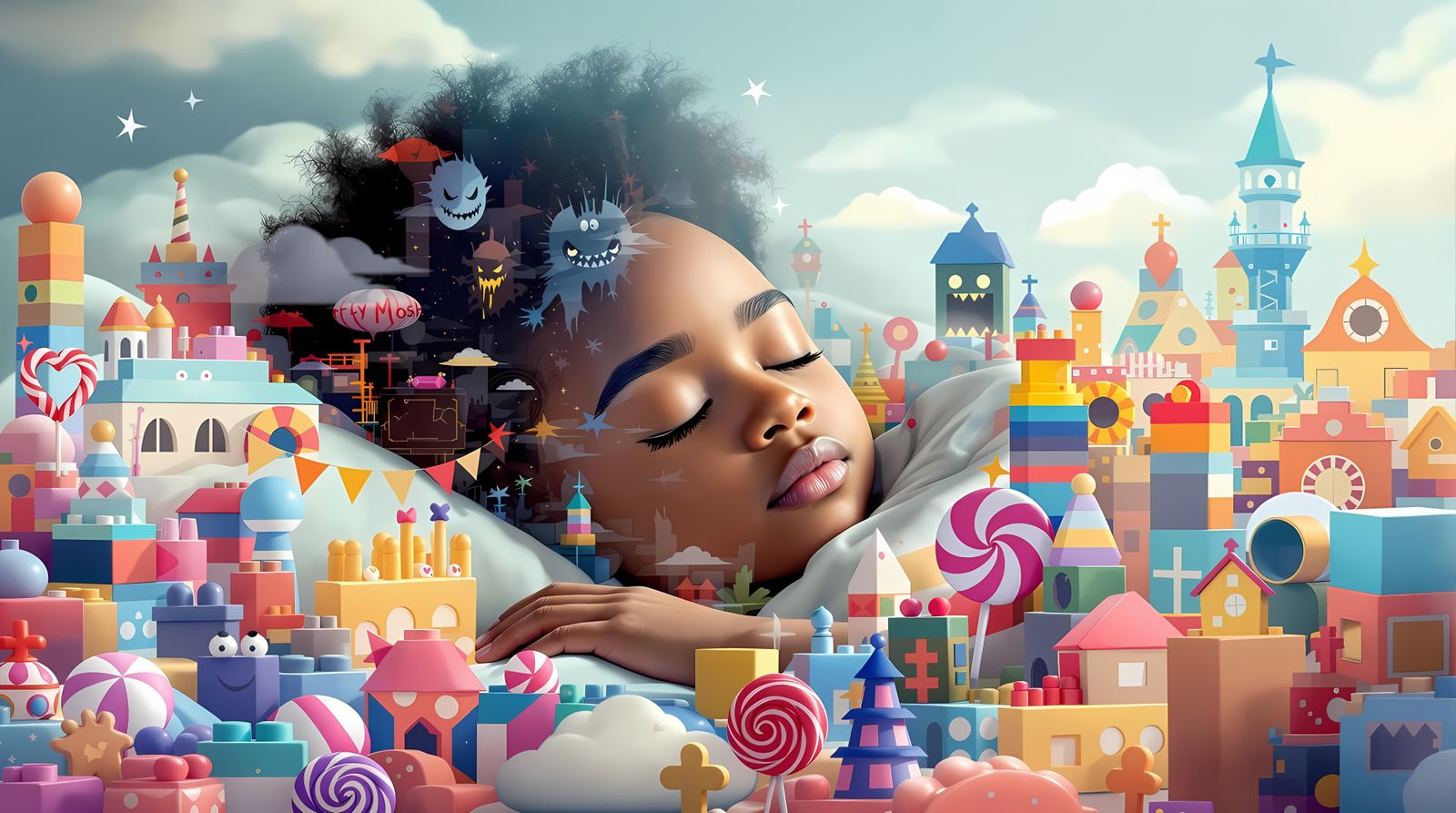 Surreal Double Exposure Illustration: Childhood Dreams and H...