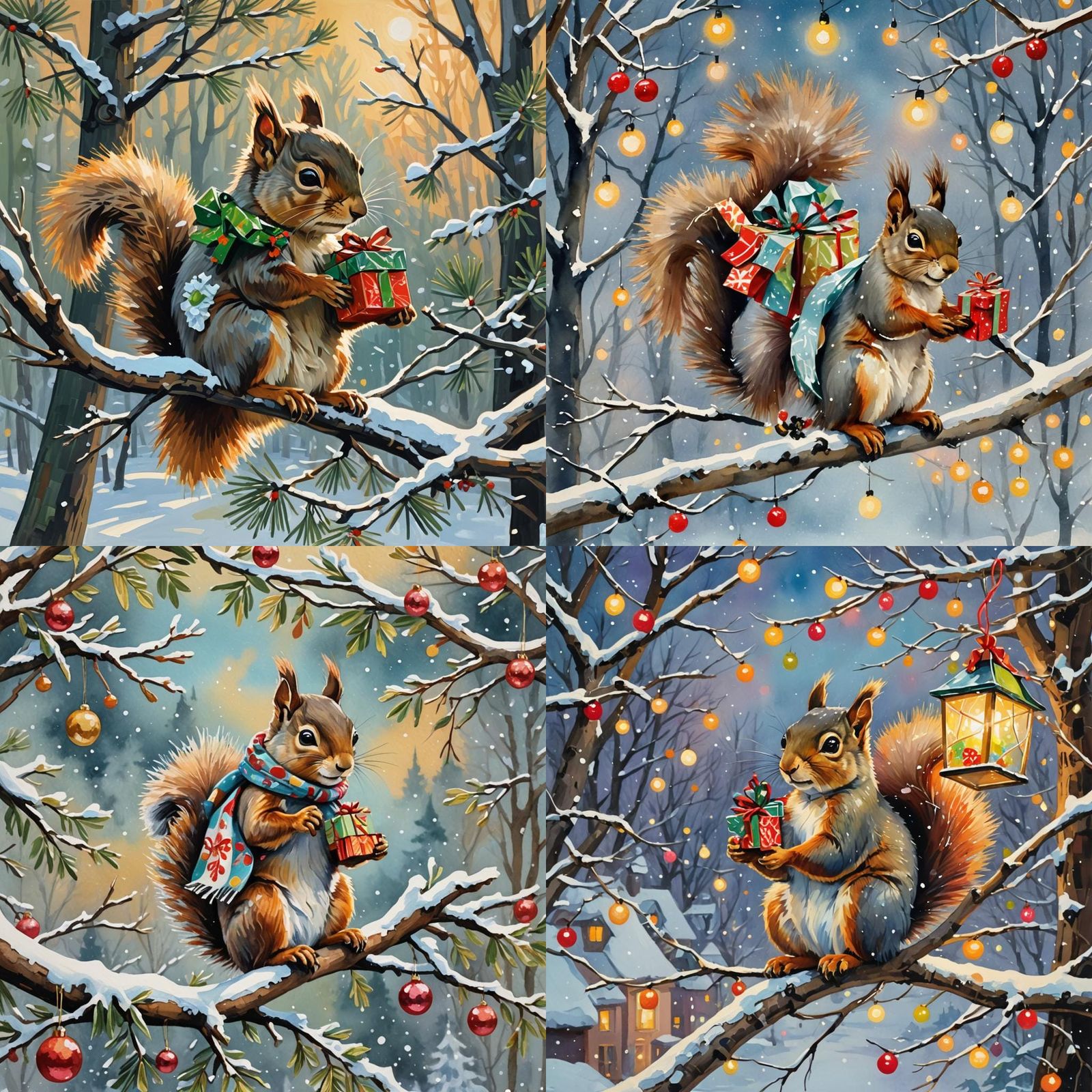 Squirrel with Christmas Present, Gouache-Style Painting