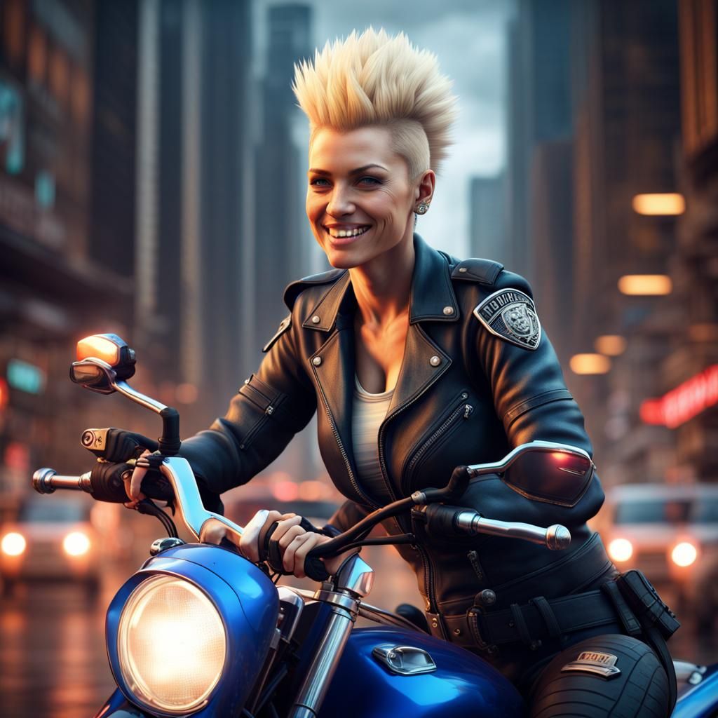 Woman with Mohawk on Police Motorbike: Matte Painting