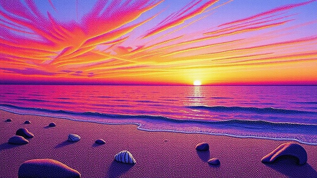 Pointillist Sunset Coastal Landscape Painting