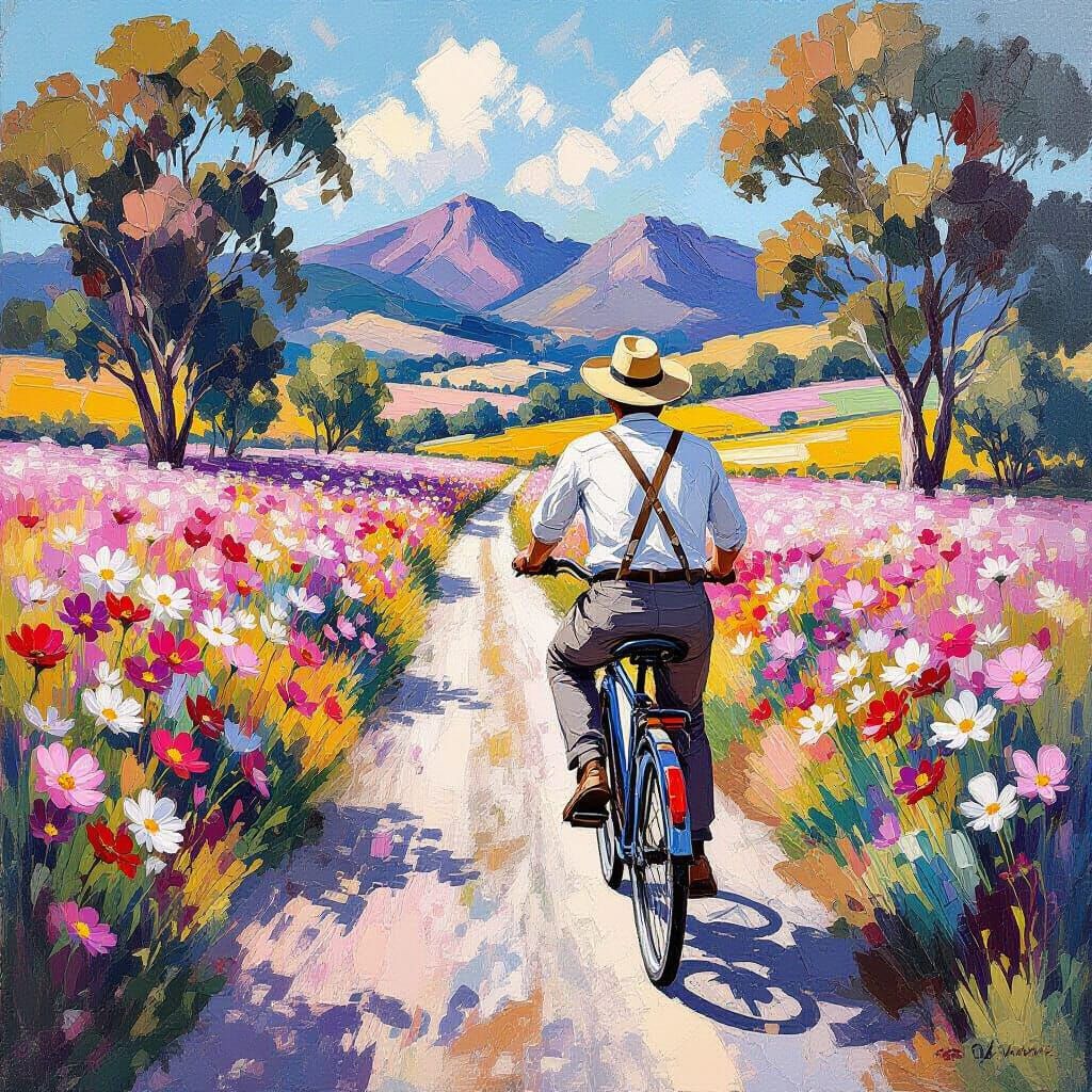 Man Cycling Past Cosmos Fields in Naive Abstract Style