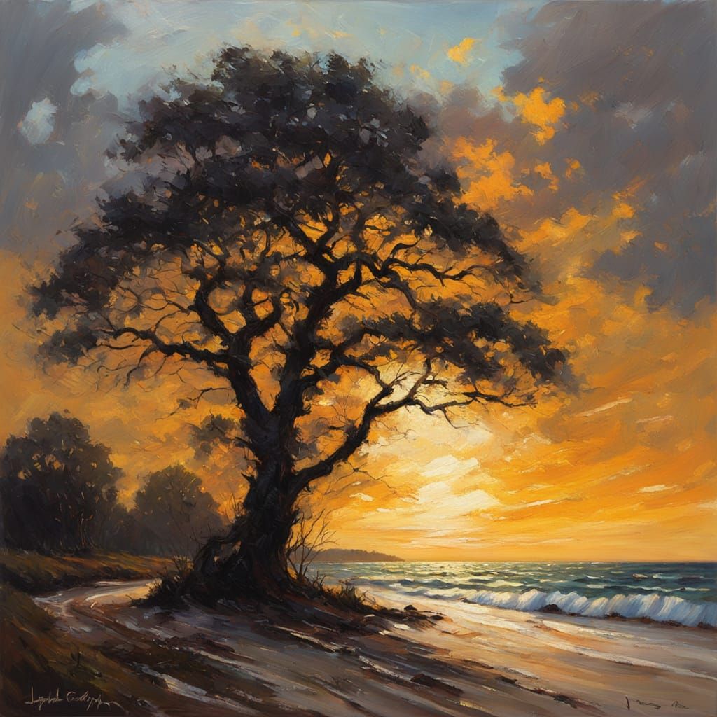 Dramatic Impressionist Oil Painting of Silhouetted Trees