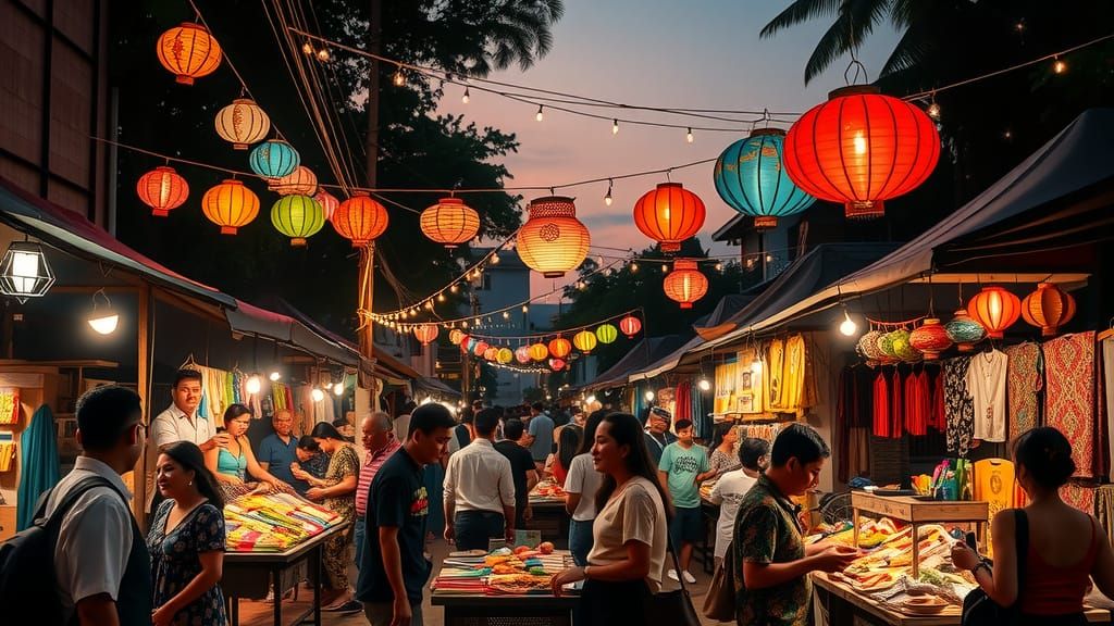 Vibrant Indonesian Night Market Scene in Tropical Colors