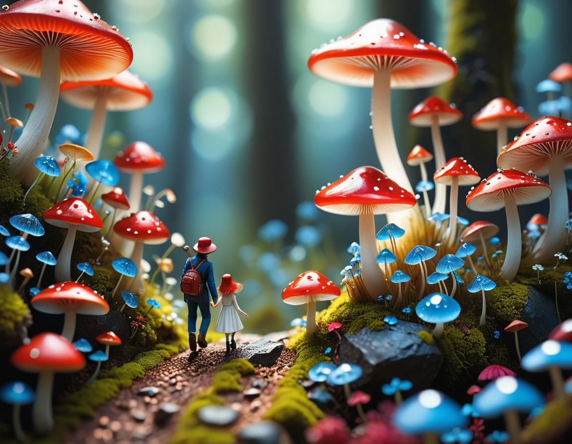 Miniature People in Giant Mushroom World