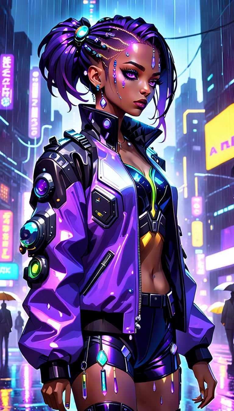Cyberpunk Girl with Gemstones in Rainy City