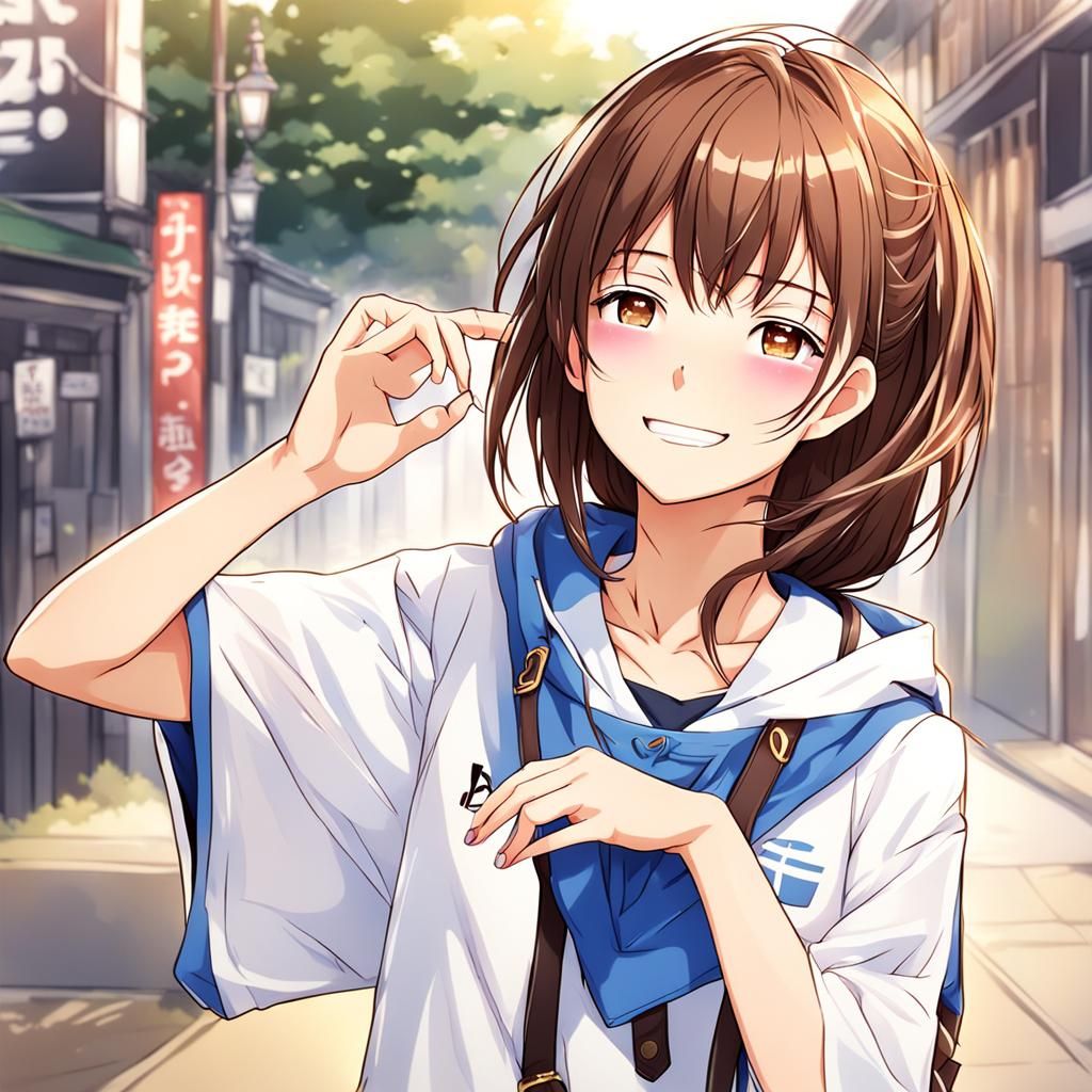 Anime Style Happy Teenage Girl with Brown Hair