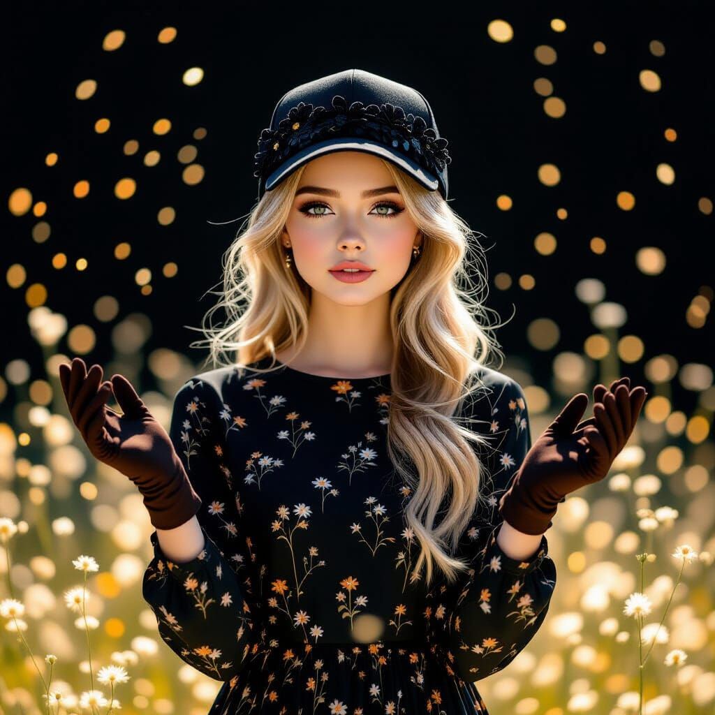 Ethereal Girl in Dark Fashion with Wildflower Accents