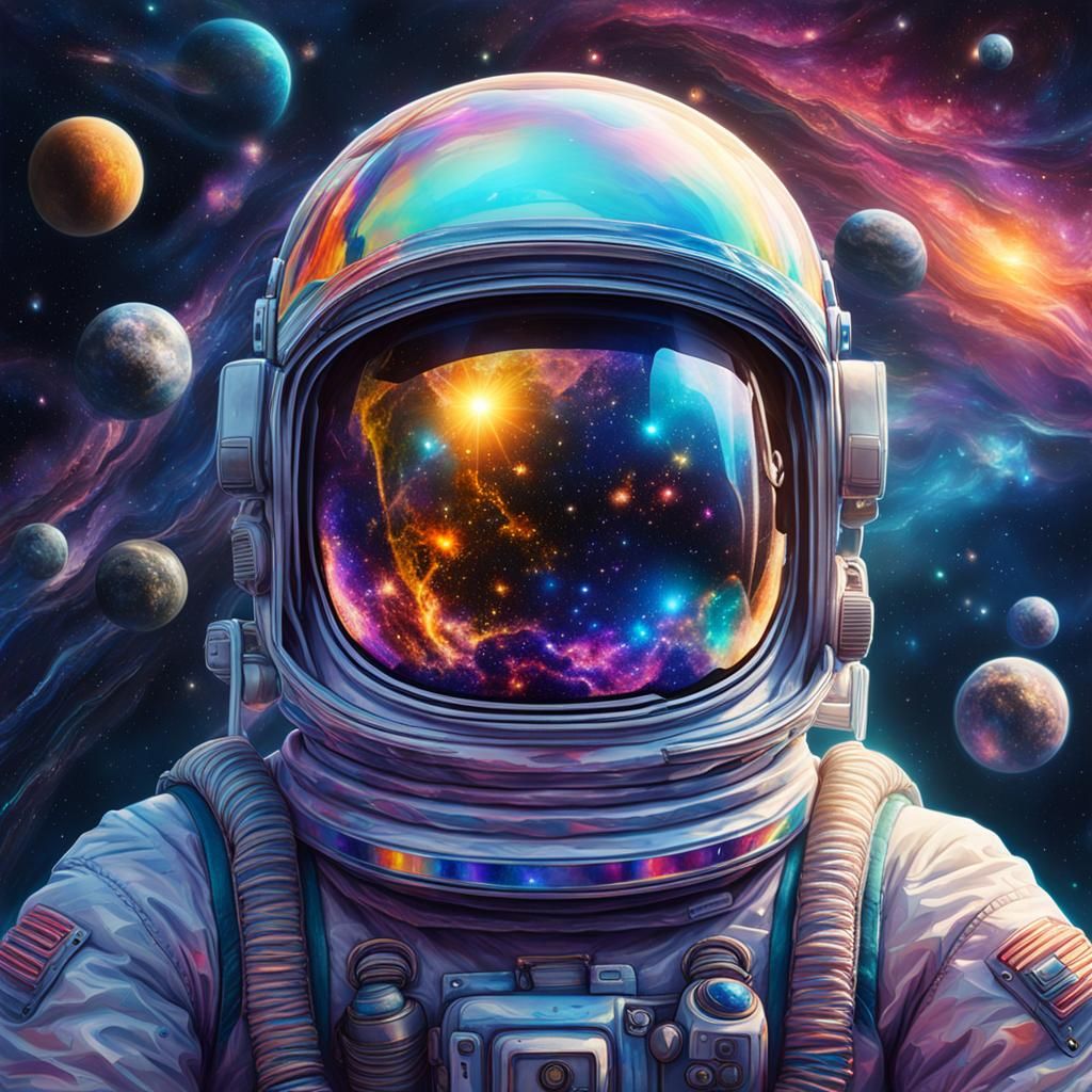 Astronaut Reflects Galaxy: Holographic Astral Illustration