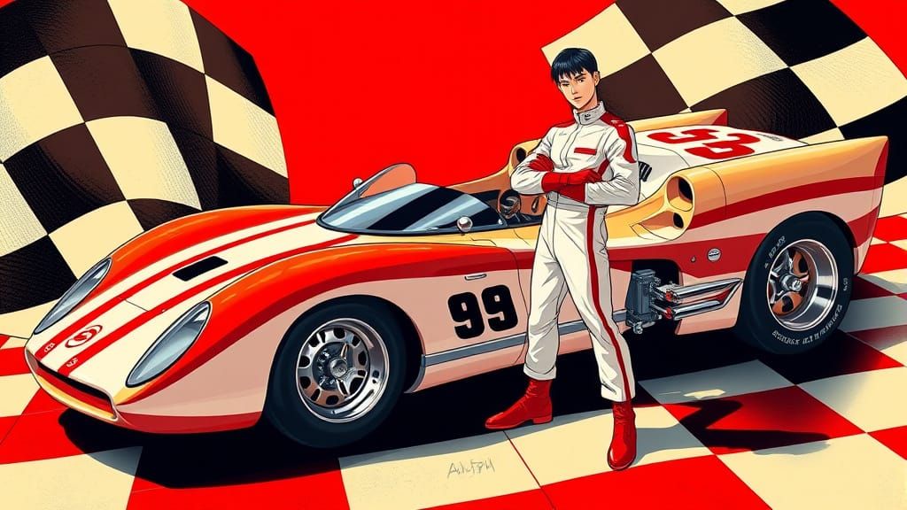 Anime Speed Racer and Mach 5 on Vibrant Checkered Flag
