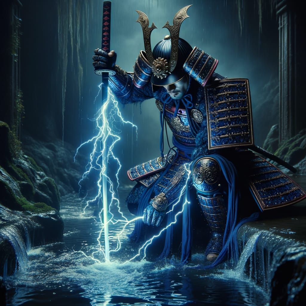 Electric Samurai in Shadowy Cavern
