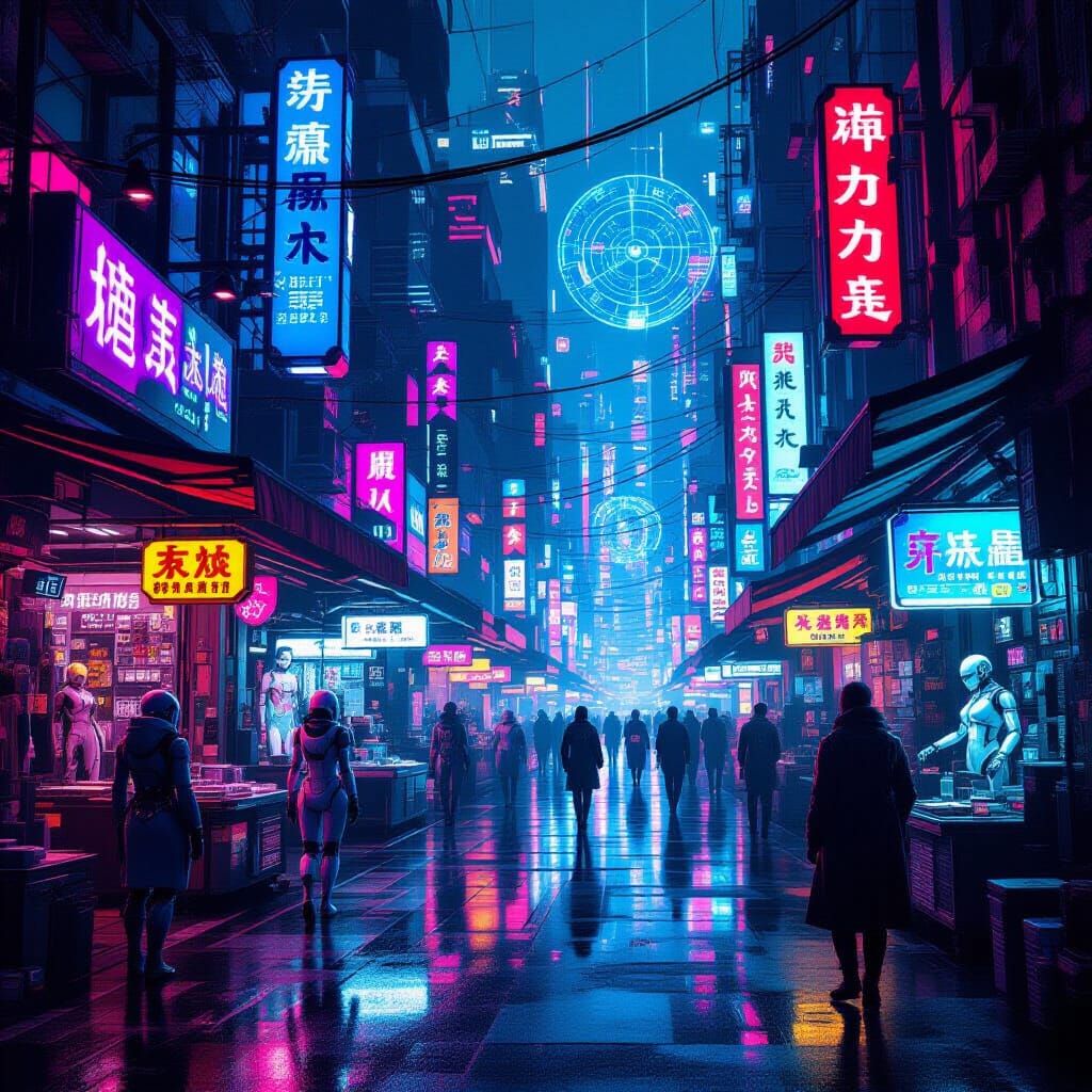 Cyberpunk Marketplace in Mega City with Neon Stalls