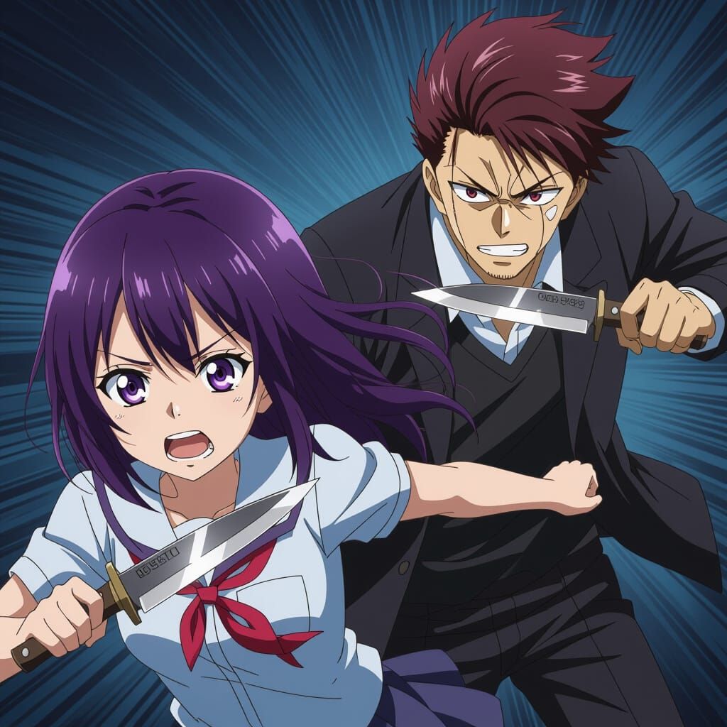 Anime Girl Fleeing Knife-Wielding Man in Fear