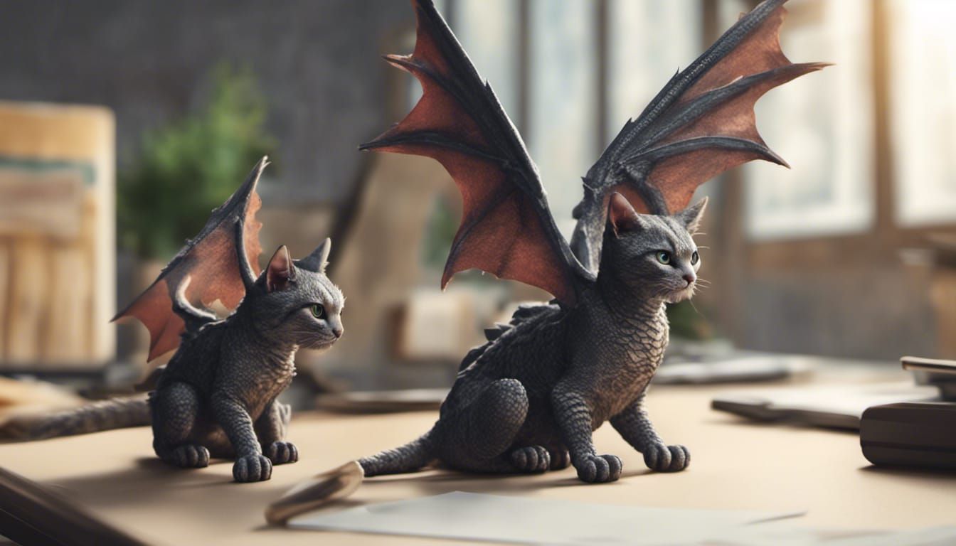 Winged Cat Dragon Hybrids Play in Office