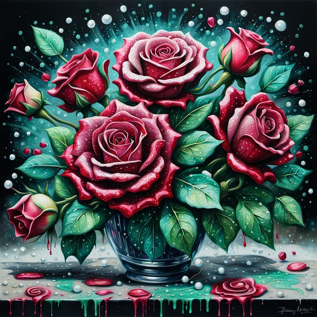 Glittering Ruby Rose Bouquet in Graffiti Art Style