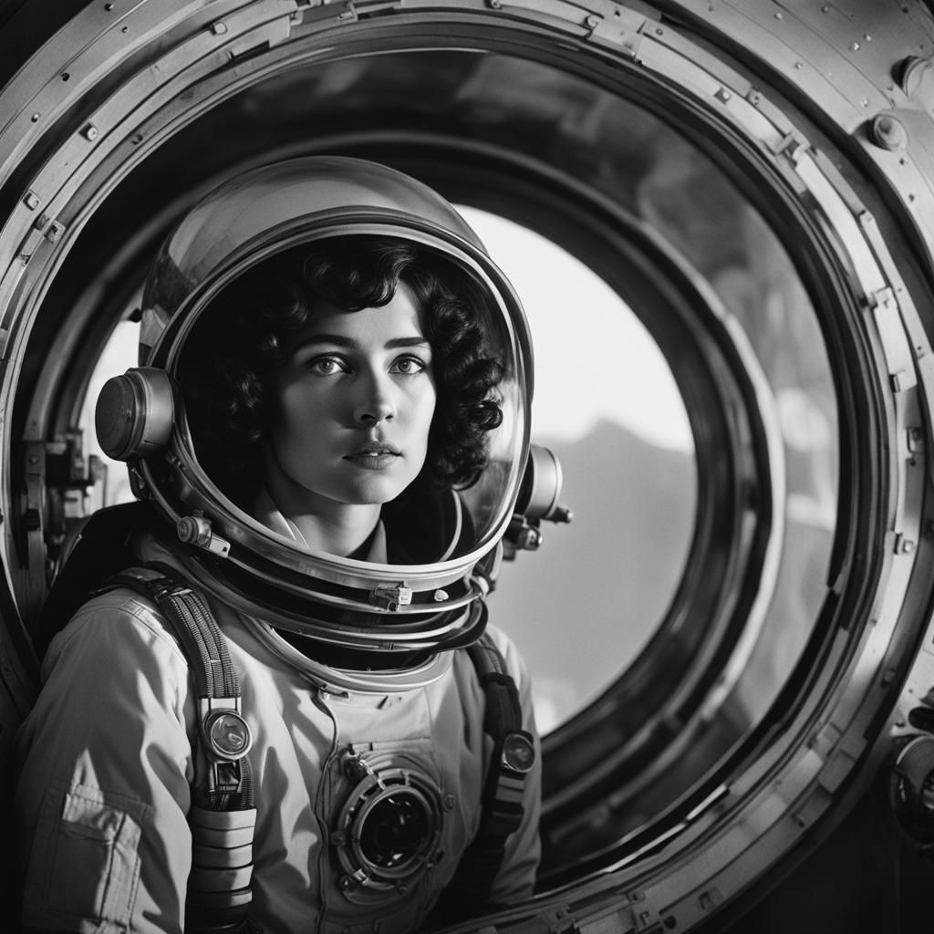 Cosmonaut Alba Flores in Art Deco Sci-Fi Film Still
