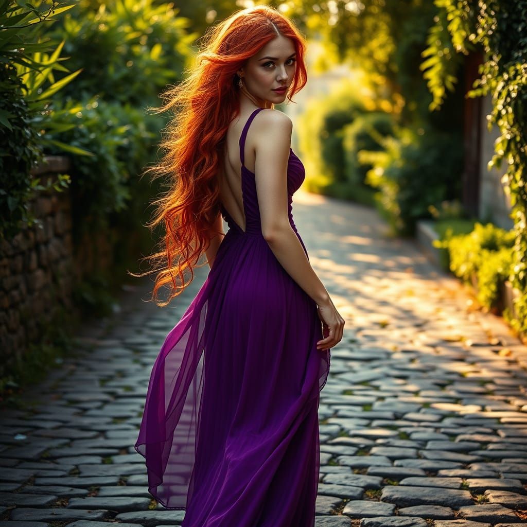 Ethereal Pre-Raphaelite Goddess Strolls on Weathered Cobbles...