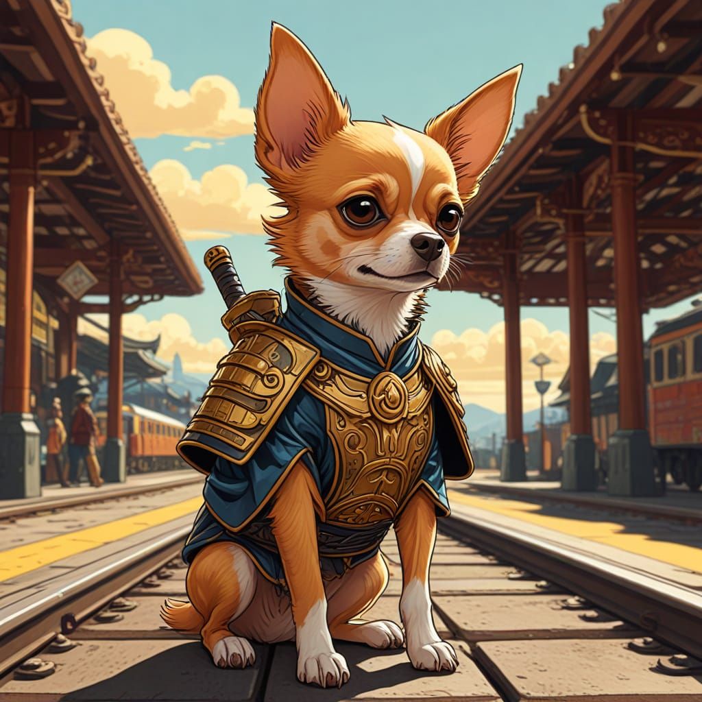 Chihuahua Samurai in Vibrant Cartoon Train Station