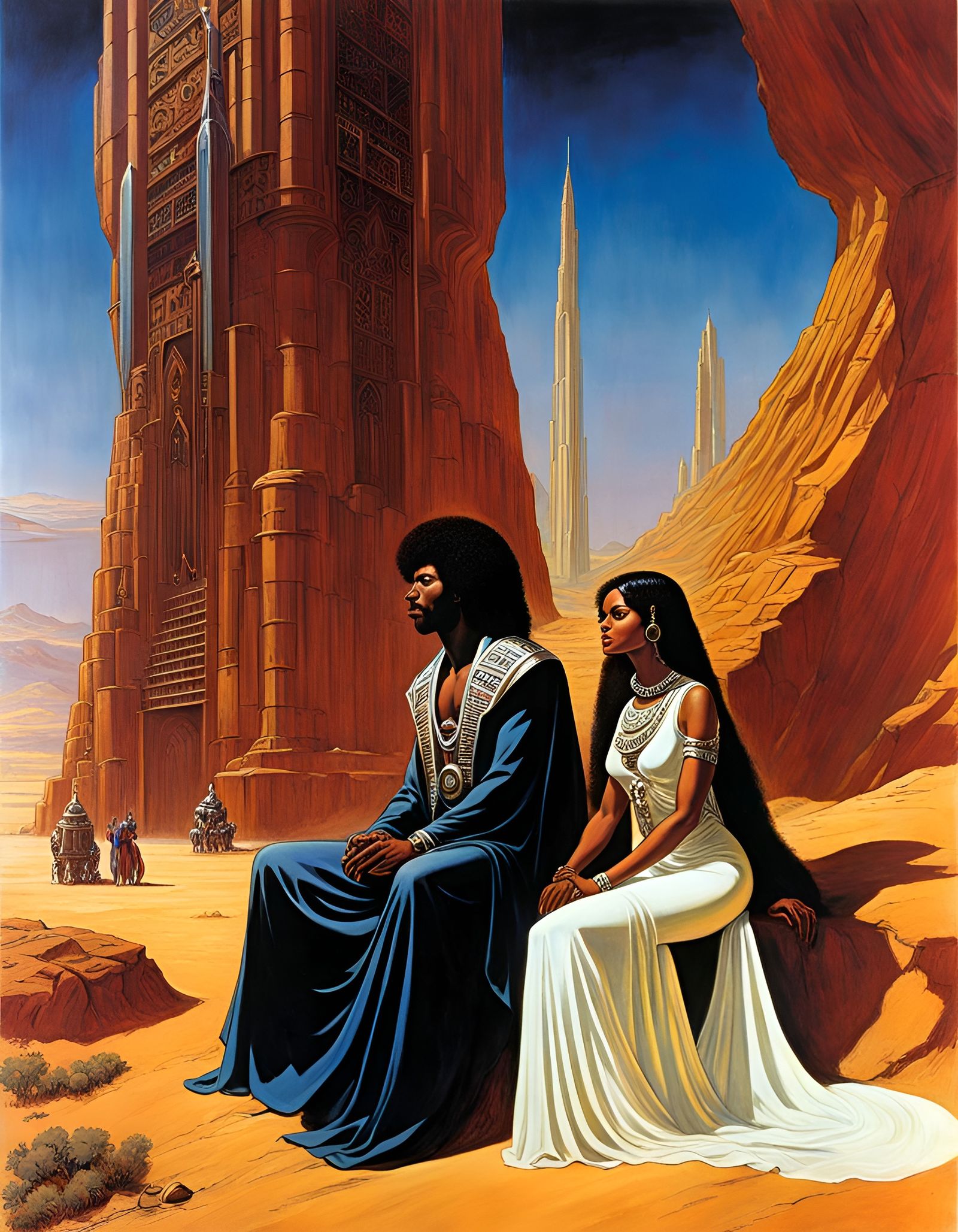 Afrofuturist Couple in Retro Sci-Fi Style