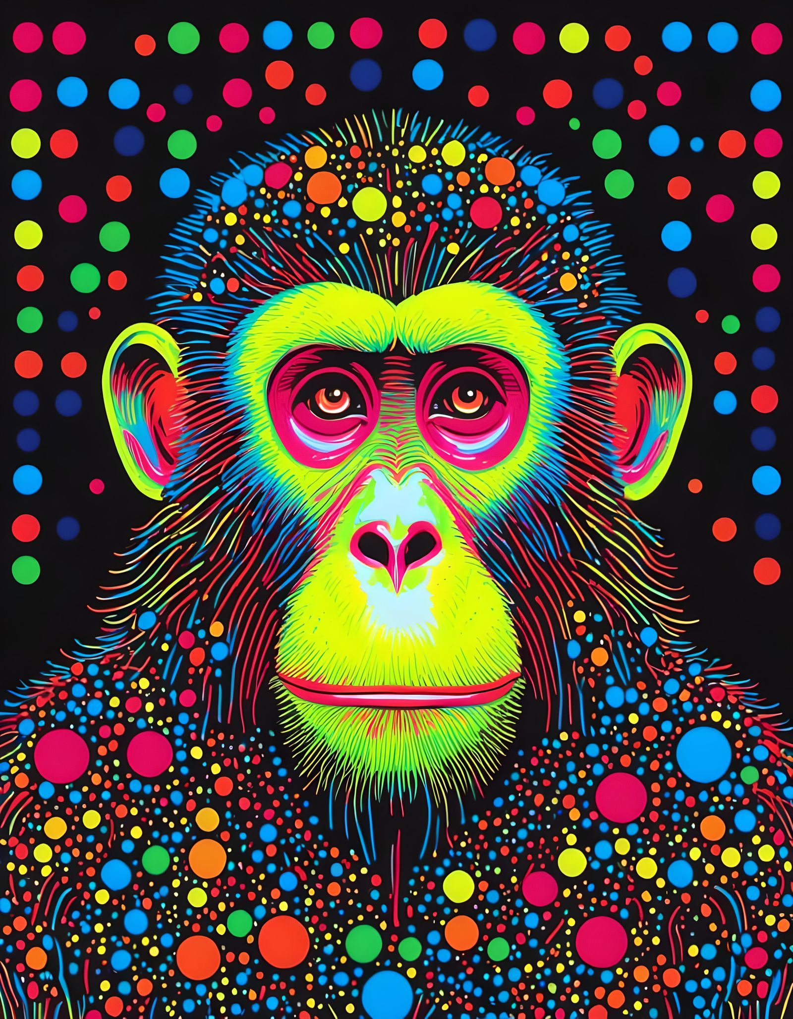 Neon Monkey Line Art on Black Backdrop