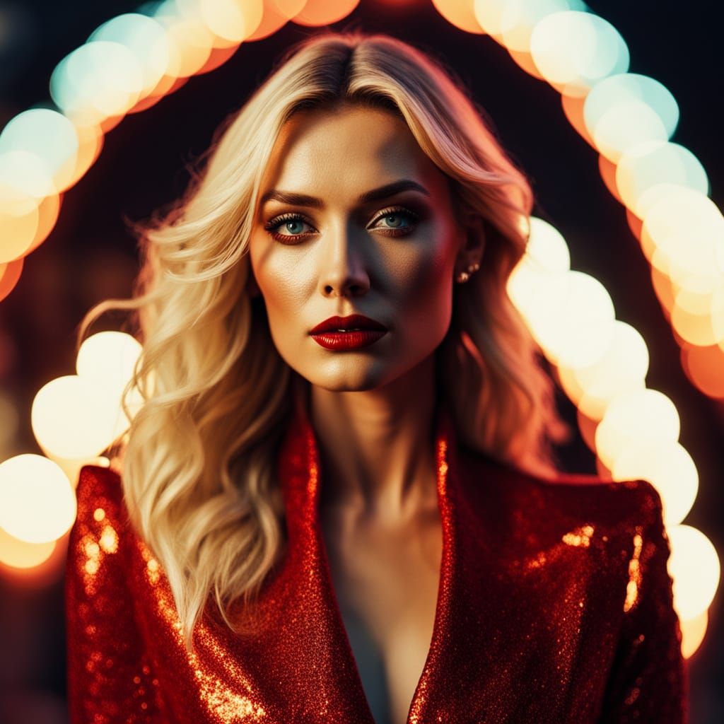 Glamour Portrait of Blonde Woman in Red Gown