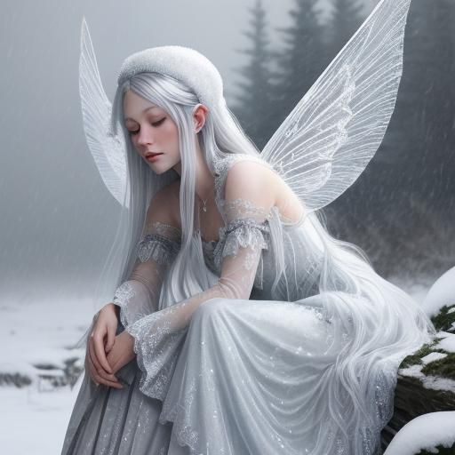 Crying Fairy on Toadstool in Falling Snow