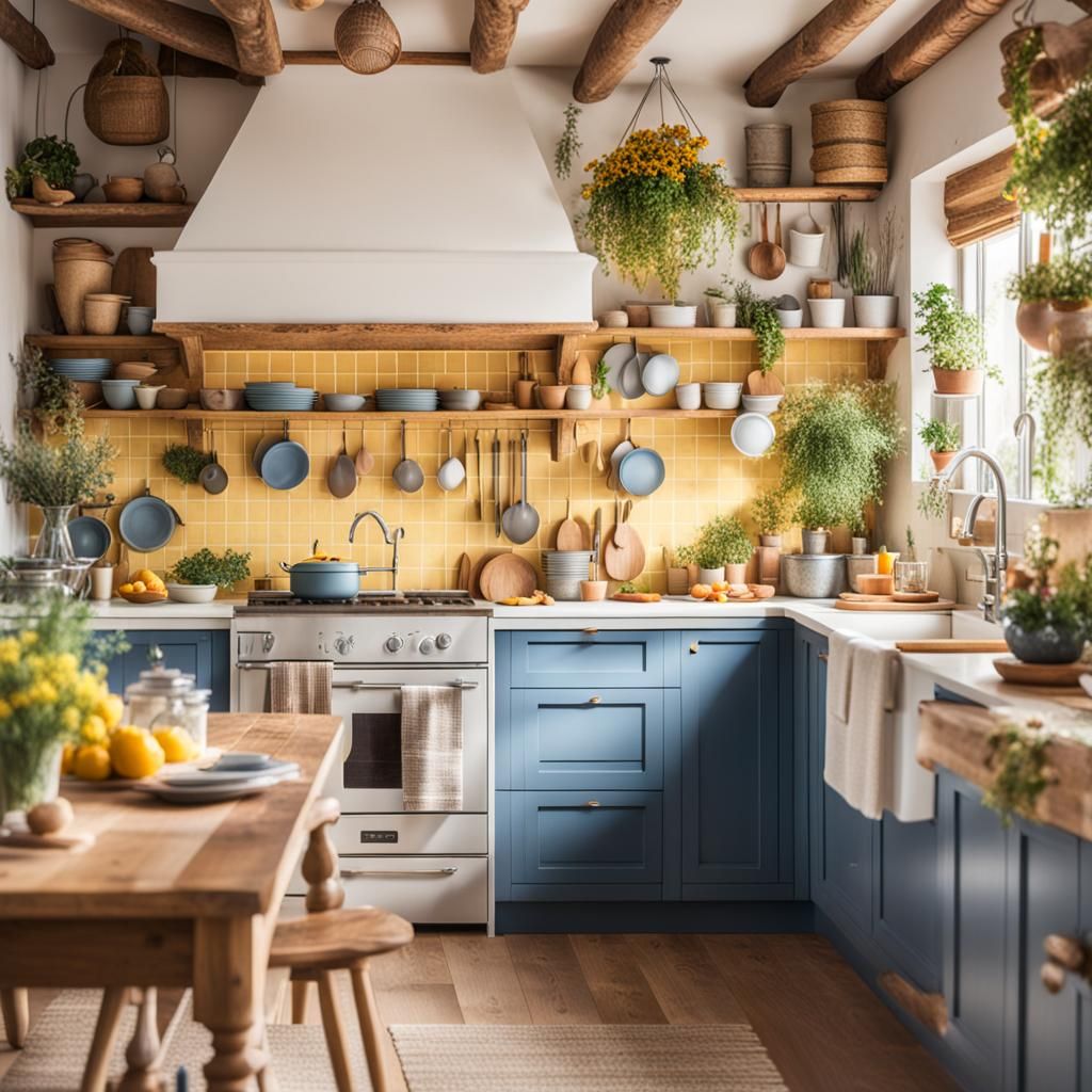 Bohemian Kitchen Interior in Ivory, Blue, and Gold