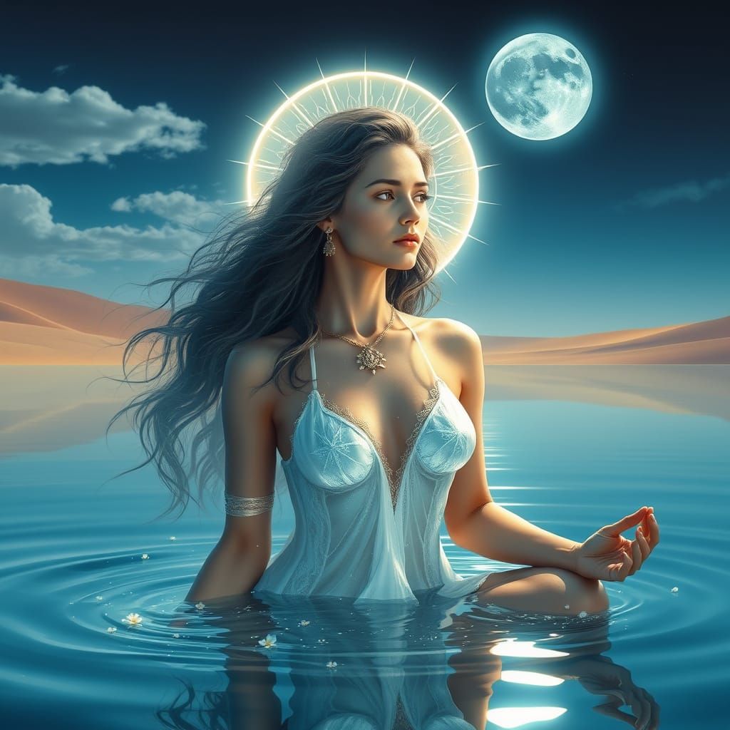 Divine Woman in Oasis Under Dual Moons