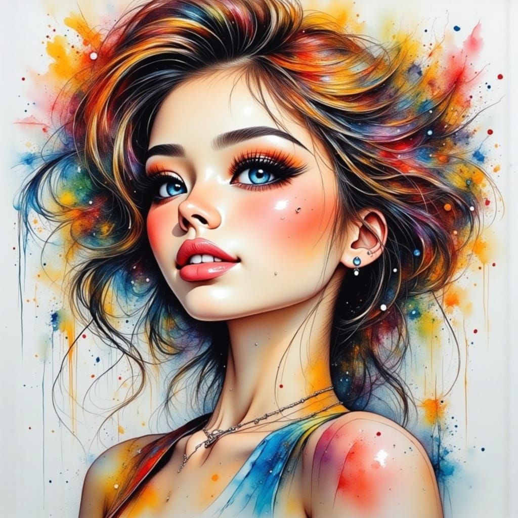 Impasto Oil Beauty on Watercolor Background