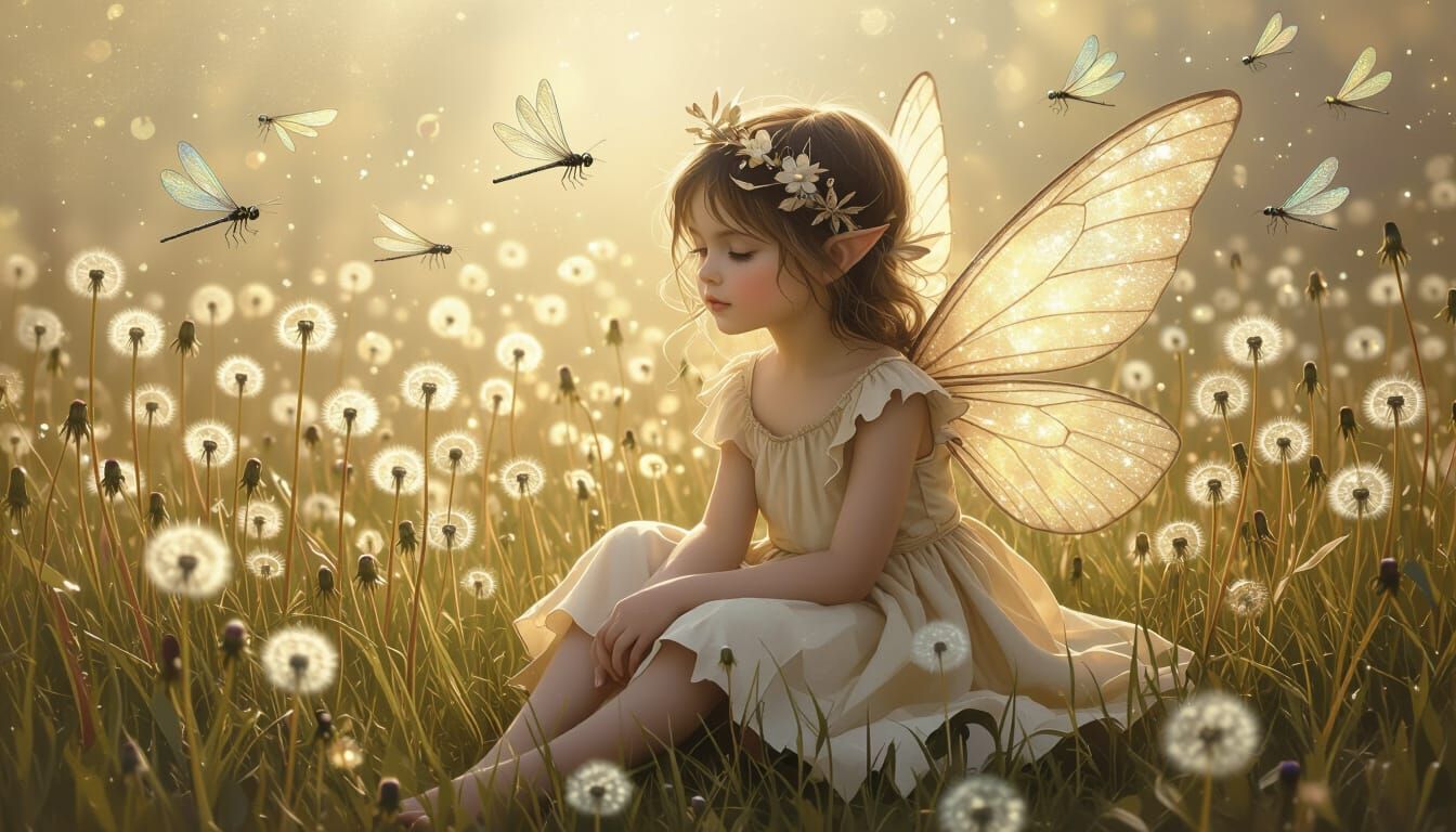 Fairy Child in Dandelion Field with Dragonflies