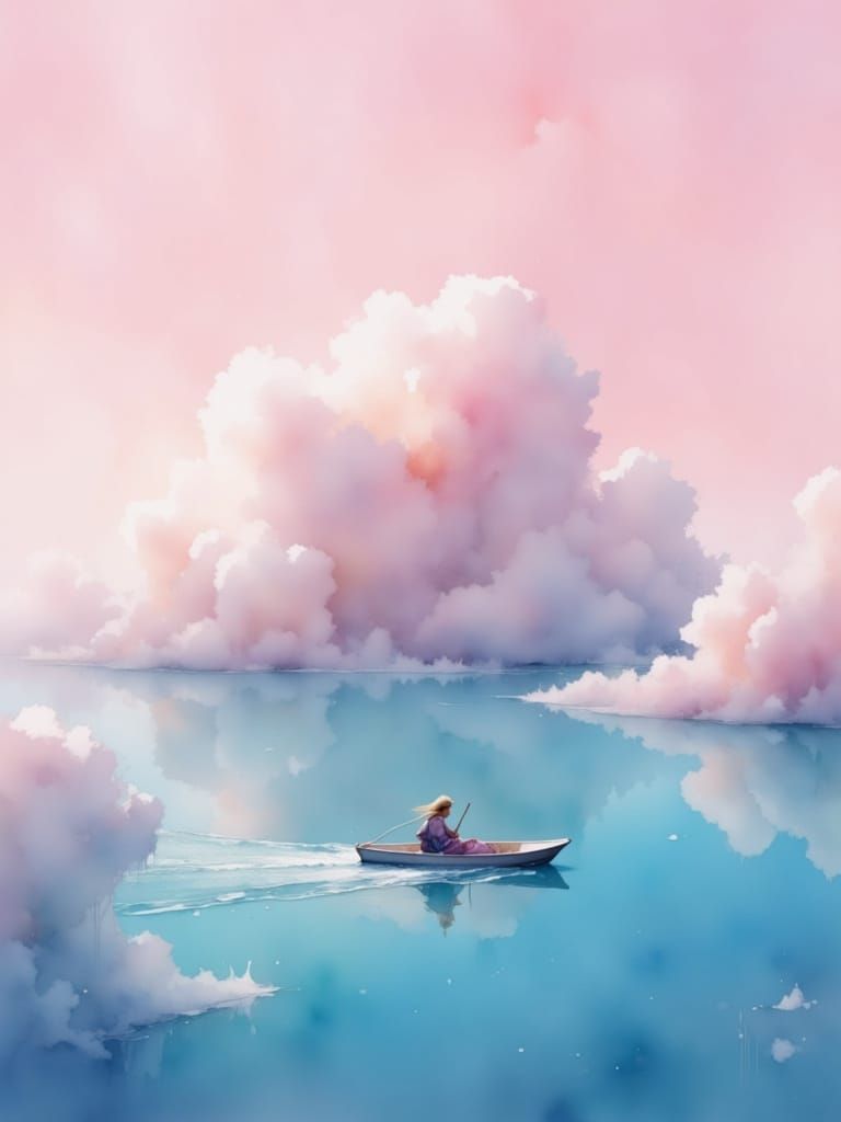 <lora:MrsH Watercolor:1.0> <lora:Flux - Painterly:1.0> Beautiful painting of a serene tourquoise lake surround by pale p...