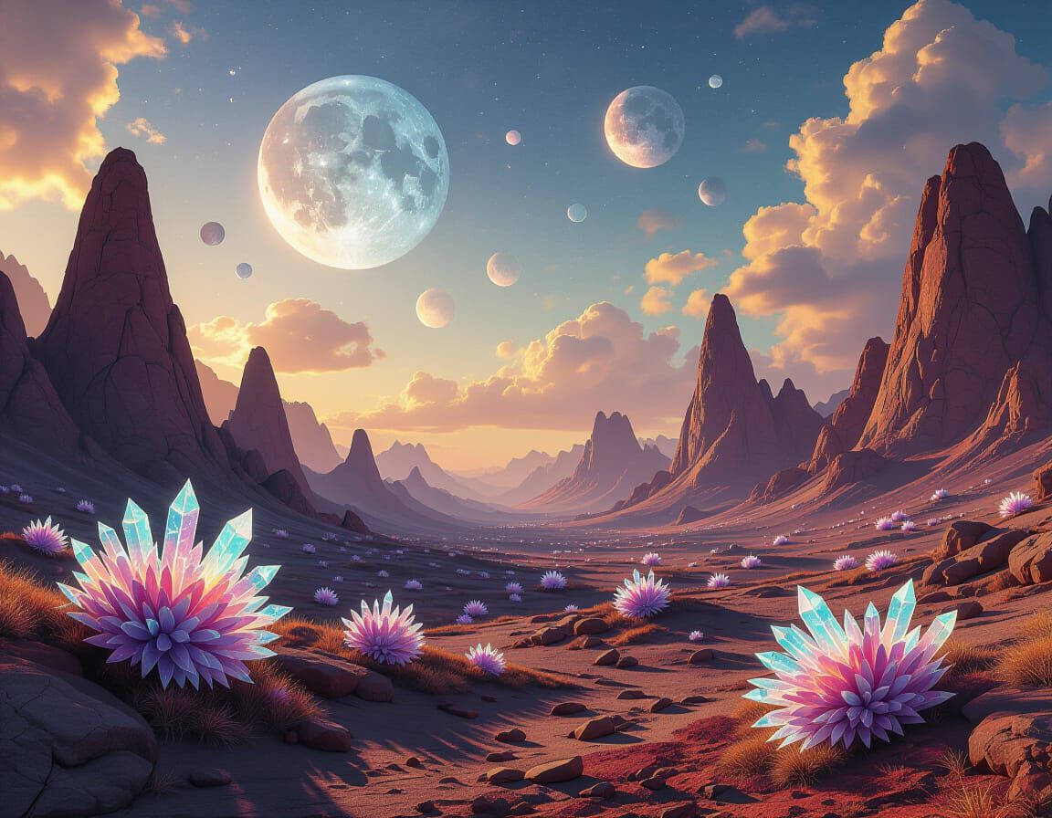 Alien Landscape with Shattered Moons and Crystalline Flora