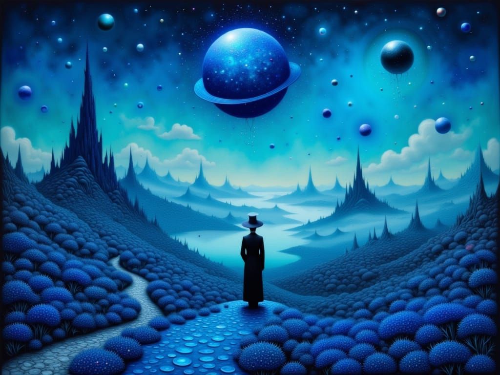 Blue Oniric Landscape with Floating Islands and Contemplativ...