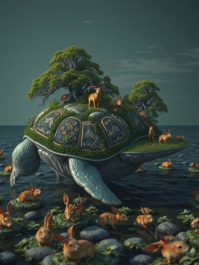 A colossal turtle, its shell a mosaic of earthy tones, rises majestically from the foamy turquoise ocean, waves gently l...