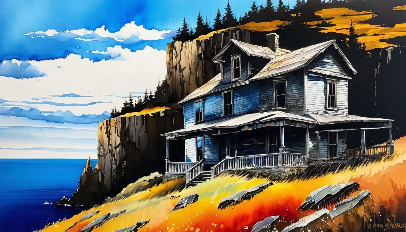 Abandoned House on Cliffside in Alcohol Ink Style