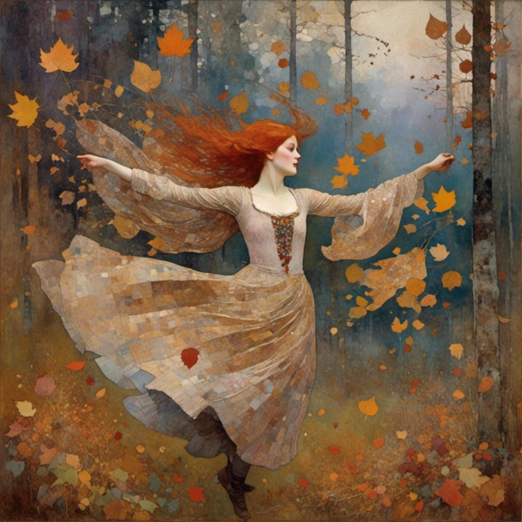 Scottish Woman Dancing in Autumn Forest, Surreal Portrait