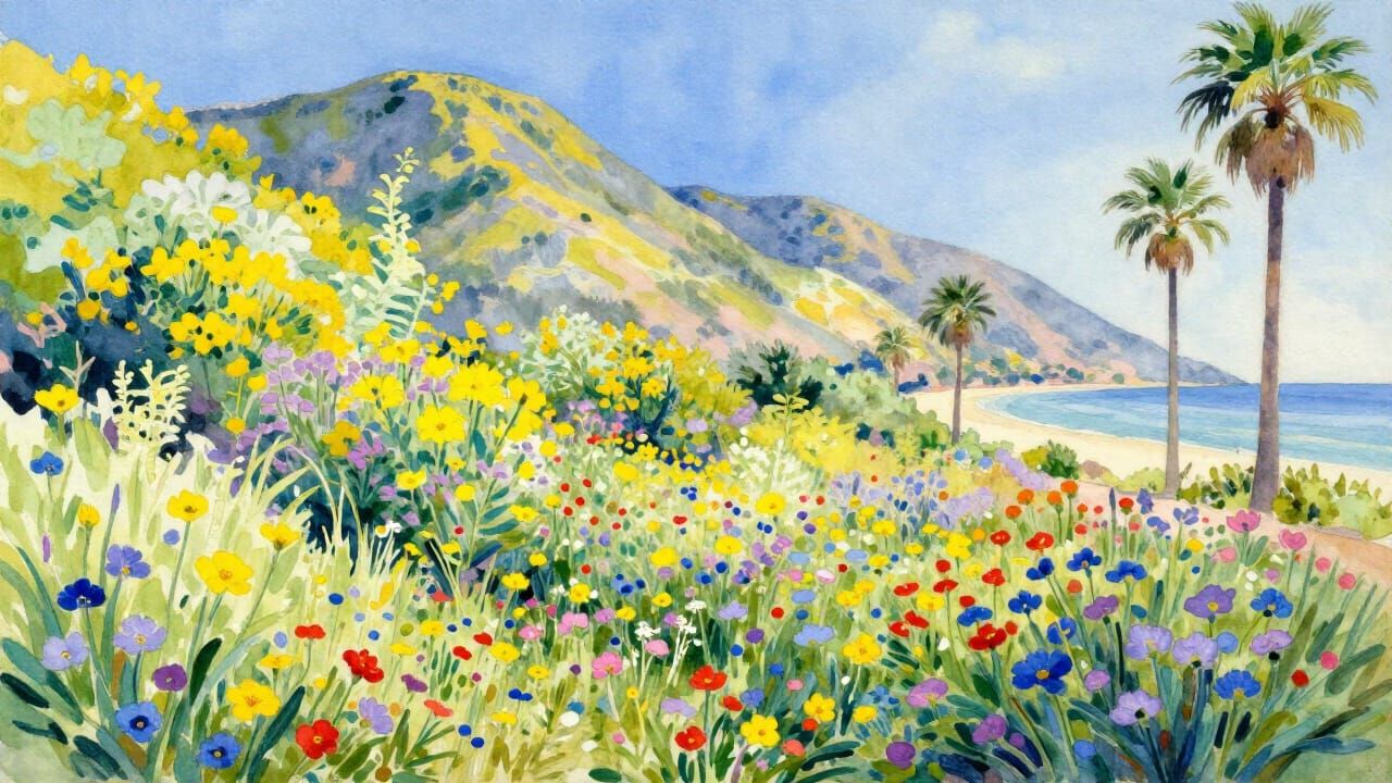 Vibrant Wildflower Garden Meets Seashore in Watercolor