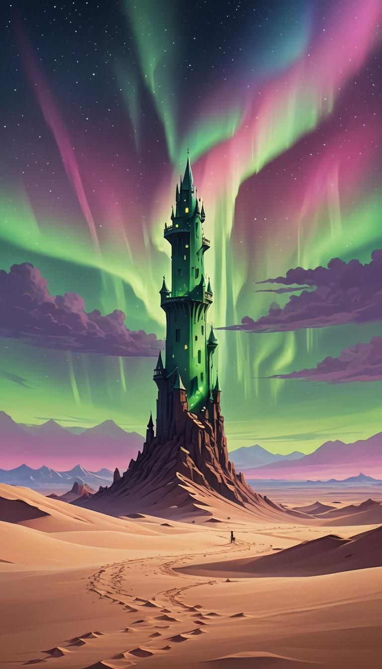 Glass Mage Tower with Aurora Borealis Skies