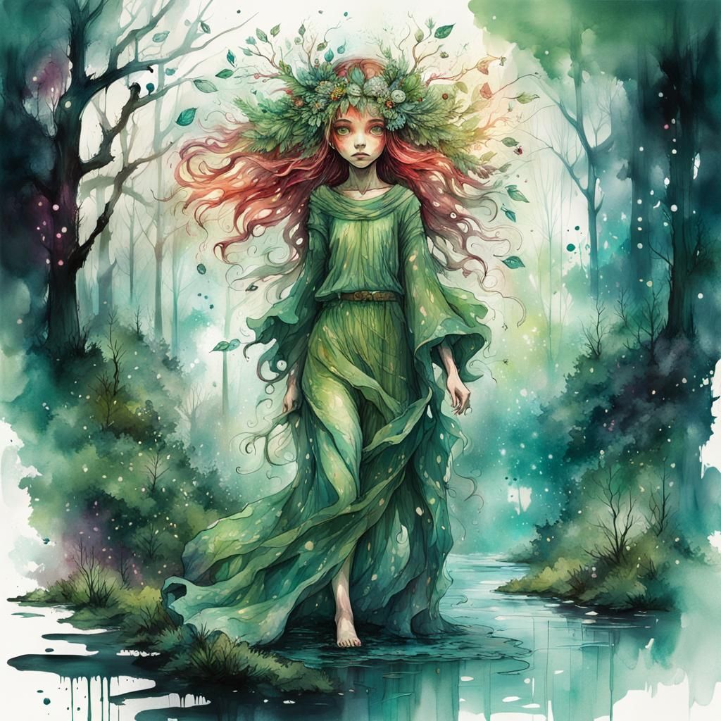 Ethereal Dryad in Vermilion Forest: Hyperdetailed Illustrati...