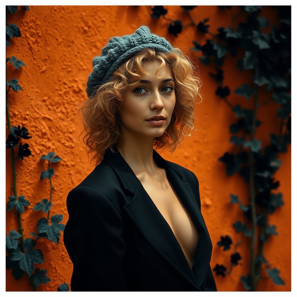 Woman in Suit Shields Eyes Before Orange Wall