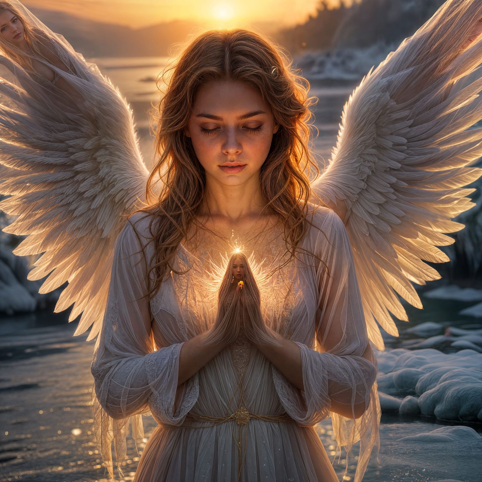 Angelic Woman Praying in Frozen Fire Lake