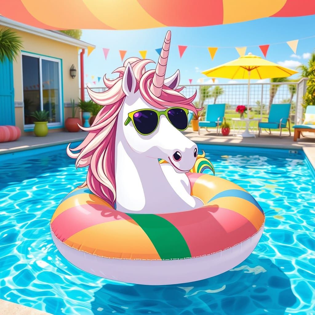 Unicorn on Donut in Pool, Modern Illustration