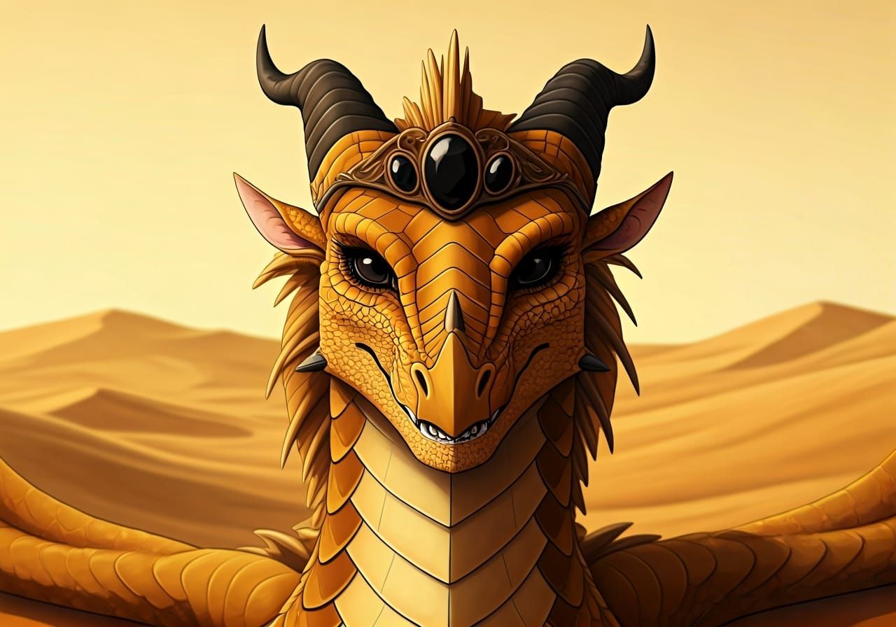Sandwing Dragon with Onyx Tiara in Desert Landscape