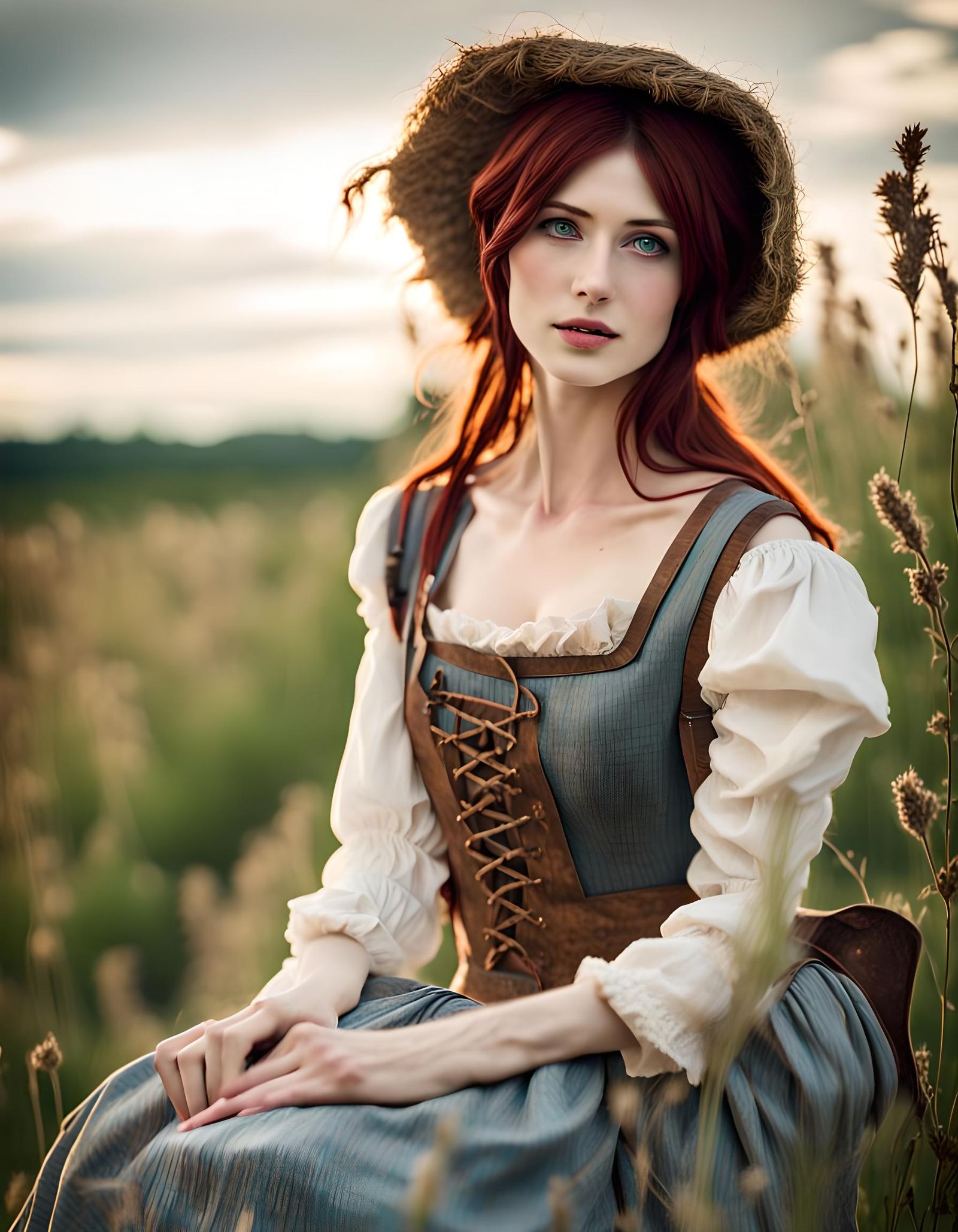 Peasant Maiden Working in Field: Hyperdetailed Photography