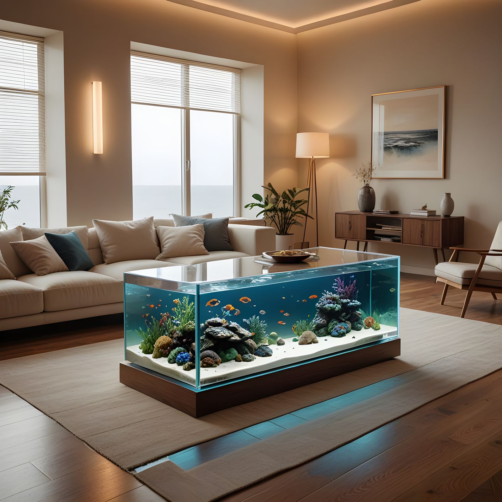 Modern Cozy Living Room with Elegant Aquarium