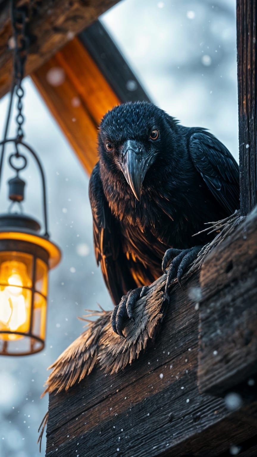 Angry Raven Stares Intently in Warm Lantern Light