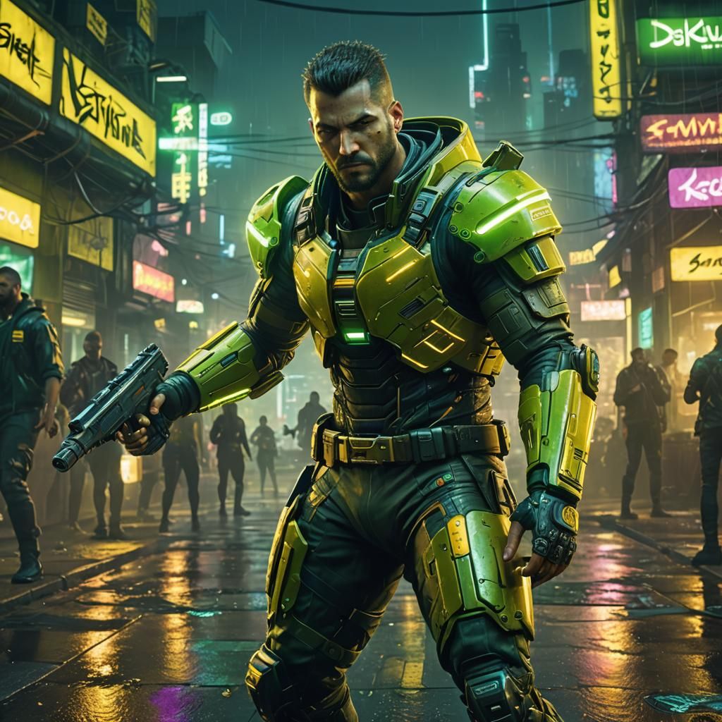 Cyberpunk Soldier in Neon Cityscape